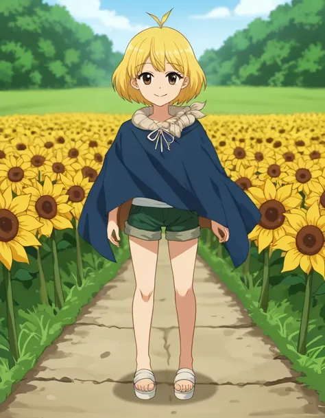 score_9, score_8_up, score_7_up, score_6_up, score_5_up, score_4_up, BREAK source_anime, anime screencap, <lora:SuikaXL-08:1> SuikaXL, SuikaXL, flower, sunflower, 1girl, solo, outdoors, shorts, smile, green shorts, looking at viewer, day, sandals