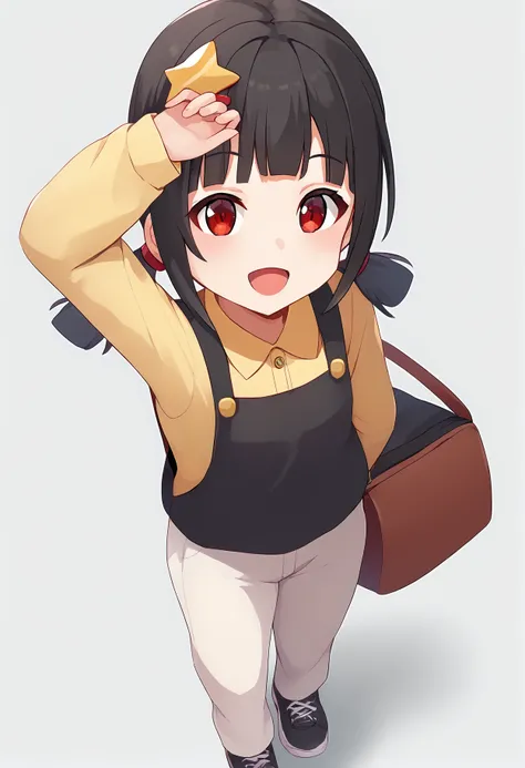 1girl, 
komekko,  
standing, pants, hair ornament, sleeveless dress, :d, blunt bangs, hairclip, sleeveless, low twintails, bag, long sleeves, shoulder bag, yellow shirt, smile, sneakers, solo, pinafore dress, red eyes, star (symbol), grey background, star ...