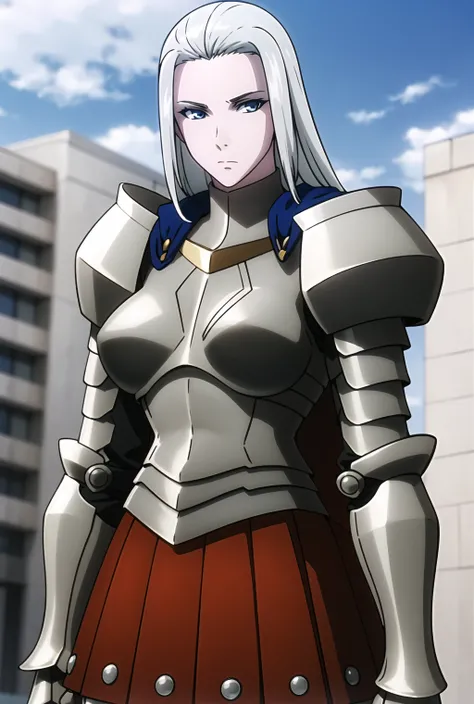 Scama_Grey_armor, scamaelbero, looking_at_viewer, medium_breasts, solo, forehead, closed_mouth, expressionless, plate_armor, breastplate, boobplate, shoulder_armor, pauldrons, gauntlets, red_pleated_skirt, blue_cape, greaves, standing, outdoors, <lora:Scam...