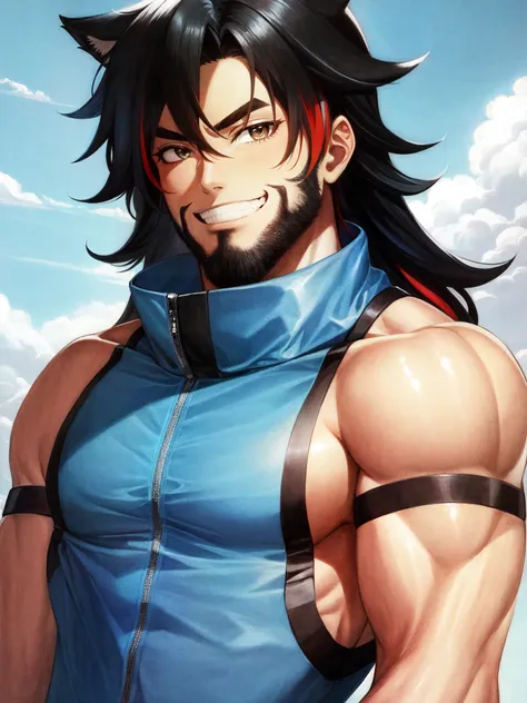 long hair, looking at viewer, smile, black hair, 1boy, bare shoulders, upper body, male focus, multicolored hair, sleeveless, grin, muscular, facial hair, wavy hair, thick eyebrows, messy hair, beard, stubble, animification