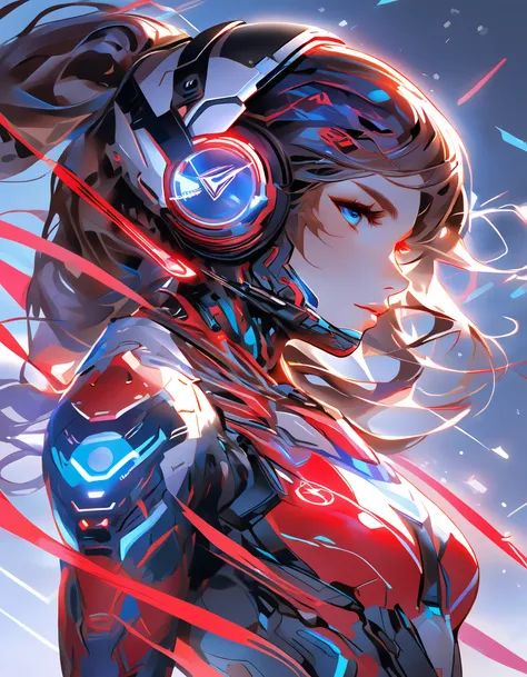 digital artwork of a female character with a futuristic appearance wearing a headset and a red and blue suit. The background is a blend of dark and light colors with a dynamic glowing effect