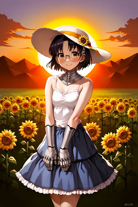 score_9, score_8_up, score_7_up, score_6_up, score_5_up, score_4_up, source_anime, rating_safe, 1girl, aiko, metal neck, metal hands, metal legs, camisole, skirt, sun hat, outside, sunset, sunflowers, smile, blush