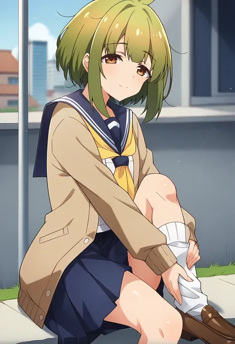 score_9, score_8_up, score_7_up, source_anime, masterpiece, 1girl, ct_bashame, brown cardigan, puffy sleeves, serafuku, blue sailor collar, yellow neckerchief, blue miniskirt, leg warmers, outdoors, city, depth of field, looking at viewer, portrait, hand u...