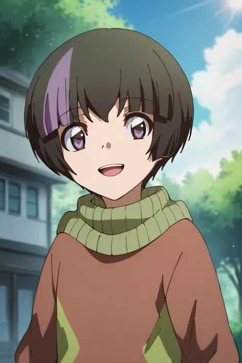 score_9,score_8_up,score_7_up,source_anime,HD,1boy, solo,Shinobu Tsukiyama,black hair,purple hair,multicolored hair,two-tone hair,streaked hair,short hair,purple eyes, turtleneck,sweater, smile, outdoors, light rays, sky, looking at viewer, open mouth<lora...