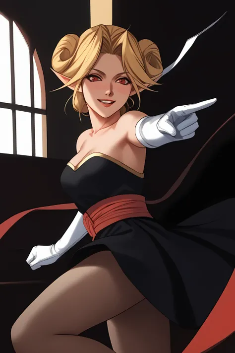 Nike, blonde hair, short hair, red eyes, pony ear, bat wings, low-cut black dress, white Elbow Gloves, red ribbon,
(nsfw), (uncensored), (score_9), score_8_up, score_7_up, source_anime, cowboy shot, dynamic pose, 1 Female, solo, Happy, Smile, Parted Lips, ...