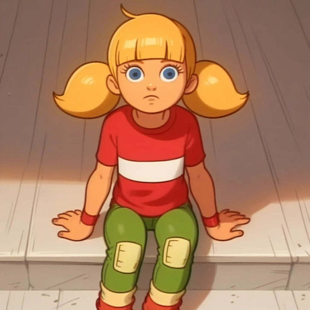 score_9, solo, penny_ig, blonde hair, twintails, red shirt, stripe, knee patch, sitting,