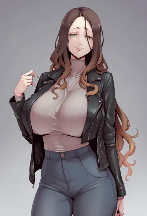 score_9, score_8_up, score_7_up, score_6_up, BREAK
1girl, beautiful, long hair, dark brown hair, gradient hair, leather jacket, green eyes, smug, huge breasts <lora:PulenKompot-Nakamura Regura Style-PonyXL:0.8> nakamura-regura