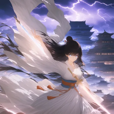 weapon,long hair,sword,solo,holding weapon,black hair,glowing weapon,holding,1girl,sky,architecture,holding sword,arm up,east asian architecture,standing,sash,chinese clothes,glowing sword,long sleeves,gfjiansi,outdoors,night,building,cloud,lightning,hair ...