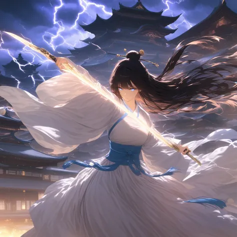 score_9,score_8_up,score_7_up,beautiful,beautiful ultra detailed eyes,detailed face,intricate details,hyper-detailed,pretty,beautiful face,weapon,long hair,sword,solo,holding weapon,gfjiansi,black hair,glowing weapon,holding,1girl,sky,architecture,holding ...