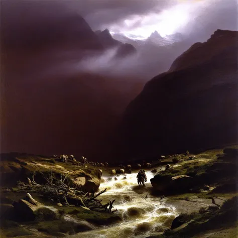 alien invasion, epic, dramatic, battle, horror, by alexandre calame, painting, swiss, landscape, scenery