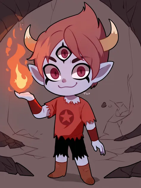 score_6_up,highres <lora:tom:0.8>,chibi,cute, third eye, tom lucitor, horns, colored skin, pointy ears, short hair, 1boy,red shirts,torn clothes,looking at viewer, solo,hell,fire in the background,