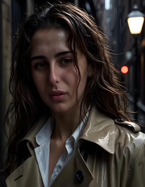 In a gritty, neo-noir setting of a dimly lit, rain-soaked city alleyway, K3LLYT0, a woman with long, wavy brown hair cascading down her shoulders and piercing brown eyes that seem to penetrate the shadows, is captured in a close-up portrait shot. She stand...