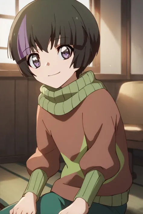 score_9,score_8_up,score_7_up,source_anime,HD,1boy, solo,Shinobu Tsukiyama,black hair,purple hair,multicolored hair,two-tone hair,streaked hair,short hair,purple eyes, turtleneck,sweater, smile, indoors, looking at viewer, sitting<lora:EMS-431063-EMS:1.000...