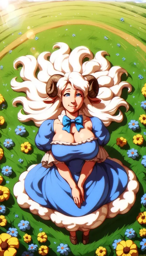 zPDXL2, score_9, score_8_up, score_7_up, score_6_up, score_5_up, score_4_up, solo, outdoors, field, flowers, sunbeam, sheep girl, neck tuft, white hair, sheep horns, blue eyes, blue dress, frills, puffy sleeves, ribbons, bowtie, long hair, lens flare, from...