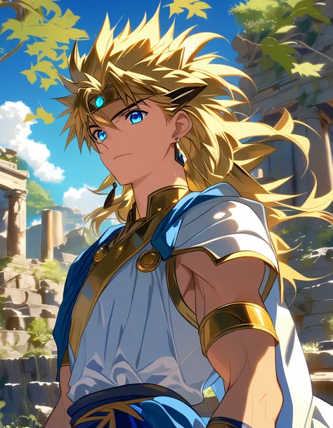 anime character with golden hair and blue eyes set against a serene backdrop of ancient ruins lush greenery and a clear blue sky