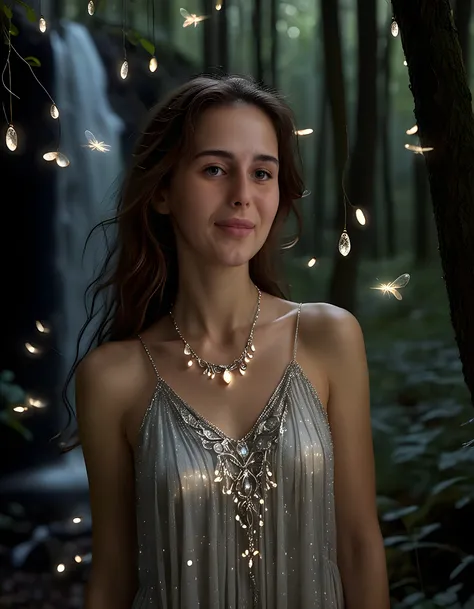 In a dimly-lit, ethereal forest glade, K3LLYT0, a woman with cascading brown hair, stands gracefully with a gentle smile, adorned in an intricately designed, shimmering silver dress that cascades around her like a waterfall. A delicate necklace of intertwi...