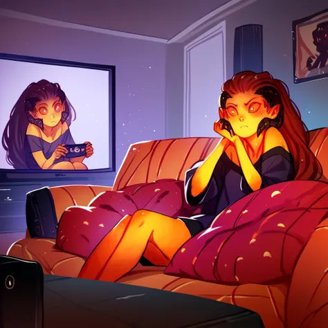 score_9, score_8_up, score_7_up, score_6_up, score_5_up, score_4_up, source_anime,  WrathiaBellarmina, demon girl, colored skin, sitting, couch, watching tv,