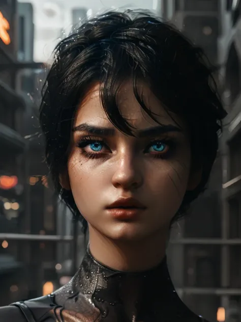 (Kira)+, (best quality:1.5) young female, woman, short black one side oriented hair, blue glowing eyes, black bodysuit with orange lines, classic kira appearance, (correct suit)++, closeup, focus on face, epic city scenery, best quality, high resolution, h...