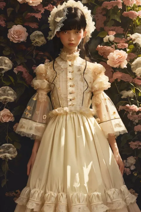 masterpiece,best quality,<lora:tbh350-:0.8>,illustration,style of Simone Rocha, Ethereal Dior haute couture dress, delicate embroidery, sheer fabrics, dreamy garden backdrop