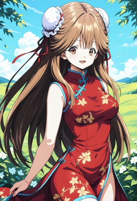 1girl, solo, (field:1.2), (sky:1.2), (cowboy shot:1.2), (dynamic pose:1.4), large breasts, smile, 
kawai_iyona, brown eyes, brown hair, long hair, double bun, bun cover, china dress, red dress, <lora:kawai_iyonaCR_pony_ver1:0.8>, score_9, score_8_up, score...