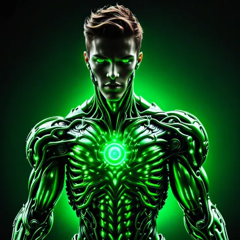 a cyborg with glowing chest plate and green eyes