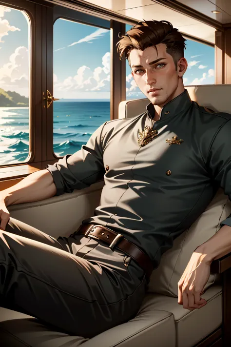 ((ultra detailed, masterpiece, absurdres))
 <lora:DAIMaleMain:0.8>
DAIMaleMain, 1boy, short hair, brown hair, looking at viewer, lounging on a luxurious yacht, with the ocean stretching out behind him