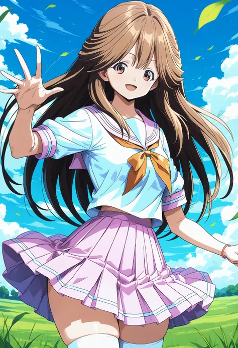 1girl, solo, (field:1.2), (sky:1.2), smile, (cowboy shot:1.2), (dynamic pose:1.4), 
kawai_iyona, brown eyes, brown hair, long hair, school uniform, serafuku, pleated skirt, thighhighs, zettai ryouiki, <lora:kawai_iyonaCR_pony_ver1:0.8>, score_9, score_8_up...