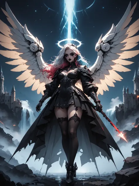 score_9, score_8_up, score_7_up, monochrome, masterpiece, solo, side view, dynamic pose, full body, 1girl angel, cyborg, queen angel of death, Demonic sword, halo, mechanical wings, giant wings, cute face, shadow wing, mechanical arm, long hair, gothic mak...