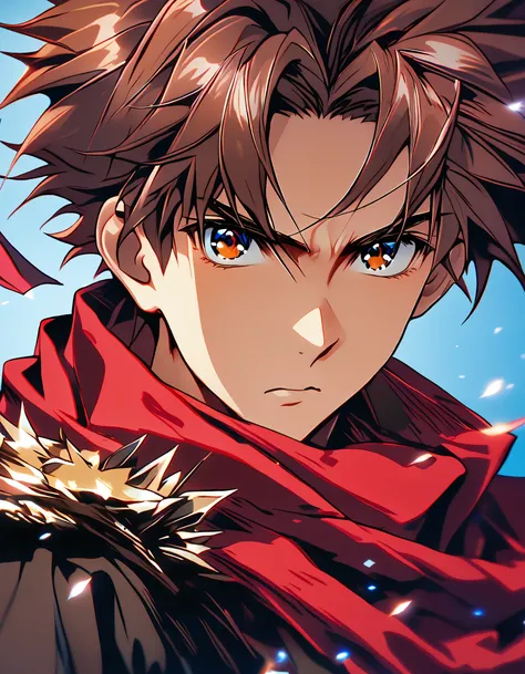 Anime close-up of a young male character with spiky brown hair intense brown eyes and a red scarf set against a blue background with a sharp object