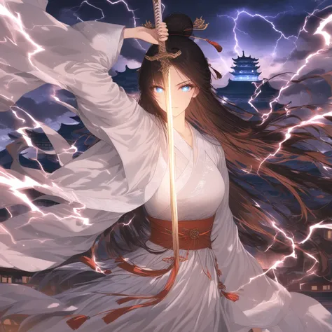 score_9,score_8_up,score_7_up,beautiful,beautiful ultra detailed eyes,detailed face,intricate details,hyper-detailed,pretty,beautiful face,weapon,long hair,sword,solo,holding weapon,gfjiansi,black hair,glowing weapon,holding,1girl,sky,architecture,holding ...