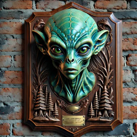 pamtrophy alien head,brick wall background,realistic,highly detailed,lifelike,studio photo,dynamic,cinematic,masterpiece,intricate,hdr,abstract,ultrarealistic,  full depth of field and realistic textures,highly detailed,masterpiece,high quality, 8K Ultra H...