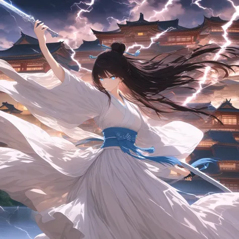score_9,score_8_up,score_7_up,beautiful,beautiful ultra detailed eyes,detailed face,intricate details,hyper-detailed,pretty,beautiful face,weapon,long hair,sword,solo,holding weapon,gfjiansi,black hair,glowing weapon,holding,1girl,sky,architecture,holding ...