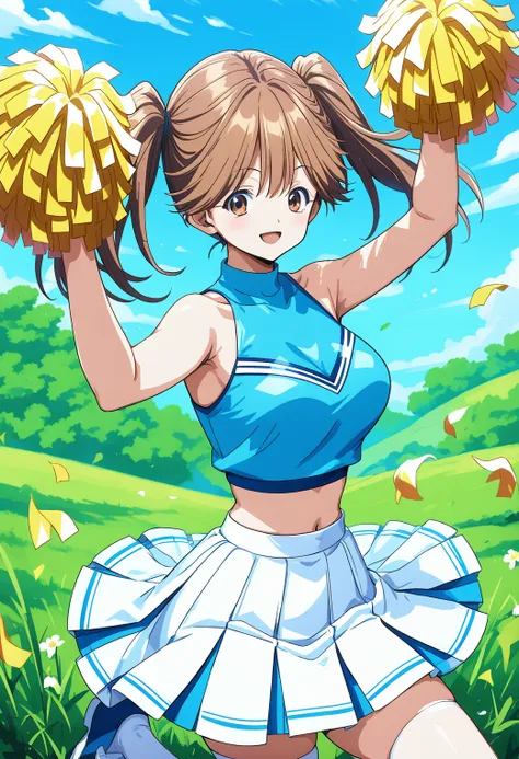 1girl, solo, (field:1.2), (sky:1.2), (cowboy shot:1.2), (dynamic pose:1.4), large breasts, smile, (jumping:1.5),  pom pom (cheerleading), 
kawai_iyona, brown eyes, brown hair, long hair, twintails, cheerleader, midriff, blue crop top, white skirt, <lora:ka...