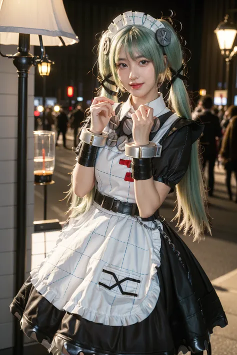 realistic,photorealistic,cowboy shot,1girl,solo,smile,looking at viewer,standing,corin cosplay costume,corin,cosplay,long hair,green hair,twintails,hair ornament,maid,dress,frilled dress,frills,apron,maid apron,maid headdress,puffy short sleeves,belt,chain...