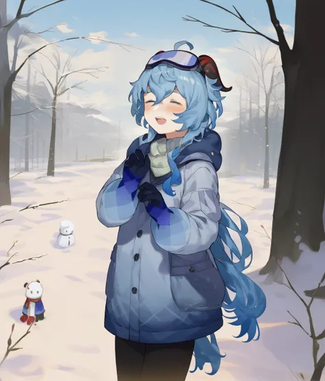 score_8_up. score_7_up, <lora:riiein:1>, riiein, score_9, riiein, 1girl, ganyu (genshin impact), blue hair, horns, blue gloves, closed eyes, winter clothes, long hair, smile, snow, ahoge, blush, open mouth, goggles on head, outdoors, sidelocks, jacket, sno...