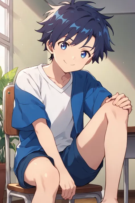 score_9,score_8_up,score_7_up,source_anime,1boy, solo,Chitose,blue hair,blue eyes,Blue jacket, white T-shirt, smile, indoors, looking at viewer, sitting, chairs, wondows, posing,dynamic angle, blue shorts, hand on own leg<lora:EMS-432172-EMS:0.800000>