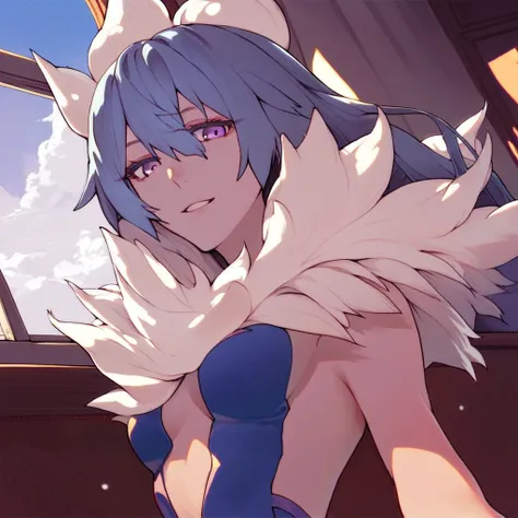 score_9, score_8_up, score_7_up, source_anime, rikugen, blue hair, long hair, purple eyes, colored skin, hair ornament, backless outfit, fur collar, classroom, window, clear sky, clouds, smile, parted lips, looking at viewer, cowboy shot, dutch angle, solo...