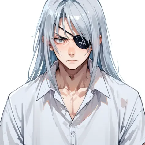 shin natsume, tenjo tenge, ah1, 1boy, long hair, gray hair, parted bangs, score_9, score_8_up, score_7_up, score_6_up, source_anime, white shirt, simple background, eyepatch, gray eye, <lora:Shin_Natsume_from_Tenjo_Tenge:1>, (Clenching a walkie-talkie with...