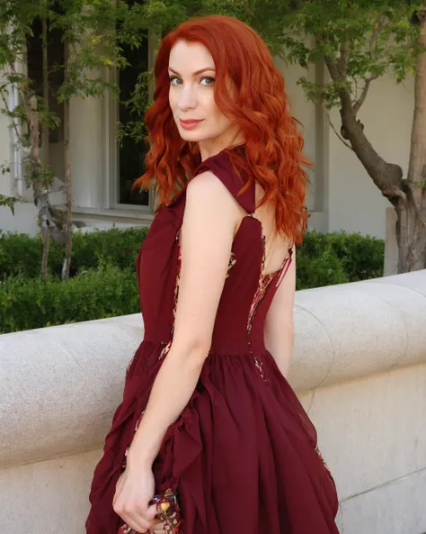 <lora:FeliciaDay:0.9>, FeliciaDay woman, 1girl, solo, red hair, pupils, lips, standing, dress, looking back,
realistic, photo