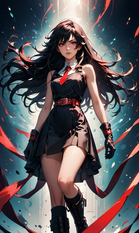 score_9, score_8_up, score_7_up, (Akame ga Kill!), very long black hair, floating hair, red eyes, black dress, sleeveless, detailed white collar, black skirt, red belt around her waist, red and black gloves, long red tie, black socks, boots, (ultrahigh res...