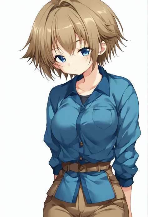 score_9, score_8_up, score_7_up, masterpiece, anime_lineart, solo, big thighs, thin waist, medium breasts, White background, Naoya, Brown hair, blue eyes, short hair, Blue jacket, pants,