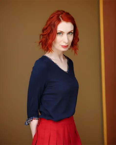 <lora:FeliciaDay:0.9>, FeliciaDay woman, 1girl, solo, red hair, pupils, lips, standing, pose, blouse, skirt, distant background,
realistic, photo