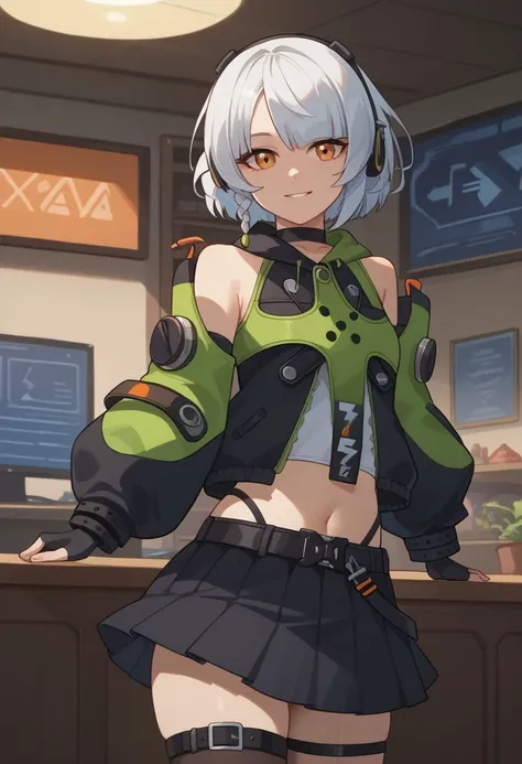 score_9, score_8_up, score_7_up, source_anime, 1girl, anbydef, orange eyes, white hair, short hair, side braid, headphones, bare shoulders, detached sleeves, puffy long sleeves, green jacket, crop top, midriff, black belt, black miniskirt, pleated skirt, highleg panties, thigh strap, black thighhighs, black gloves, fingerless gloves, standing, smile, looking at viewer, indoors, portrait, close-up, facing viewer, <lora:Anby_v1-000010:1>