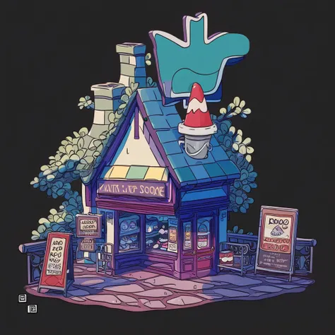 ju$tina, shop, exterior, a small castle made of snow bricks, giant snocone sign, tri-fold sign, flag, menu sign, boardwalk sidewalk, isometric, dark grey blank background, centered