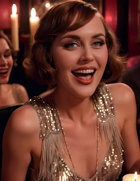 54R4H6, A close-up, slightly blurry image captures a woman with brown hair and striking features, set against the backdrop of an intimate jazz club. The woman, clad in a one-of-a-kind outfit consisting of a vintage 1920s flapper dress adorned with sequins ...