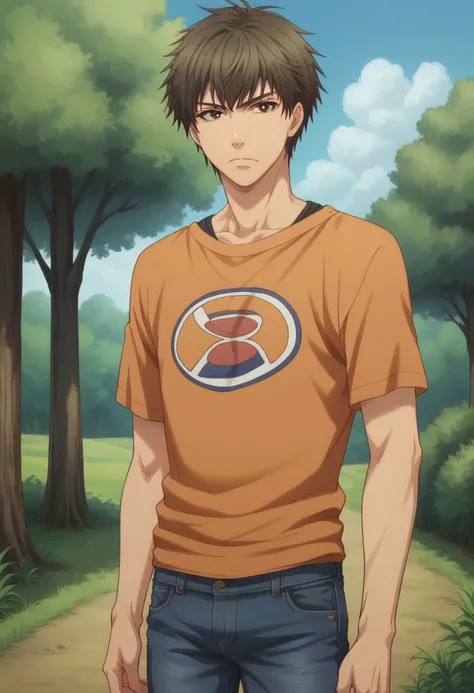 score_9, score_8_up, score_7_up, source_anime, highly detailed, 
akikaido, 1boy, solo, male focus, pants, brown eyes, brown hair, shirt, 
looking at viewer, jeans, sdenim, t-shirt, standing, orange shirt,
printed shirt, upper body
outdoor, sky, tree, frown...