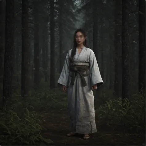 Edo, Shogun, Japanese Edo period, (Japanese feMale, Japanese Clothing), Front-facing, Front, moody forest, long hair, (UHD, 8K, ultra detailed, looking at the camera, highly detailed, best quality, best aesthetic, high detail, amazing detail, masterful, wo...