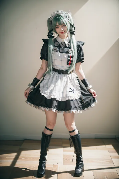 realistic,photorealistic,full body,1girl,solo,smile,looking at viewer,standing,corin cosplay costume,corin,cosplay,long hair,green hair,twintails,hair ornament,maid,dress,frilled dress,frills,apron,maid apron,maid headdress,puffy short sleeves,belt,chain,w...