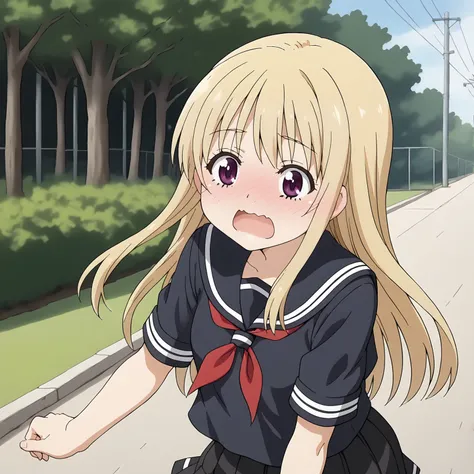 <lora:NBnSd_SanakaSuemoriXLpony003>,
blush,open mouth,wavy mouth,
solo,
SanakaSuemori,1girl,blonde hair,long hair,red -purple eyes,
serafuku,black blue shirt,short_sleeves,
pleated_skirt,black skirt,
outdoors,