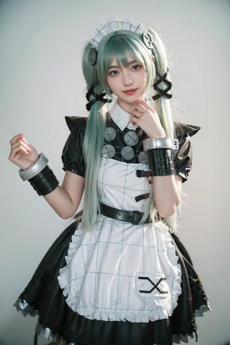 realistic,photorealistic,cowboy shot,1girl,solo,smile,looking at viewer,standing,corin cosplay costume,corin,cosplay,long hair,green hair,twintails,hair ornament,maid,dress,frilled dress,frills,apron,maid apron,maid headdress,puffy short sleeves,belt,chain...